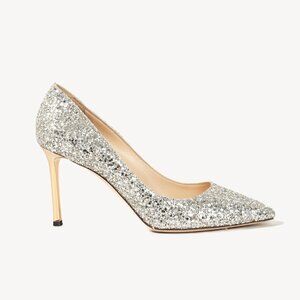 Jimmy Choo Romy 85 Silver Champagne Coarse Glitter Golden Heel Pumps